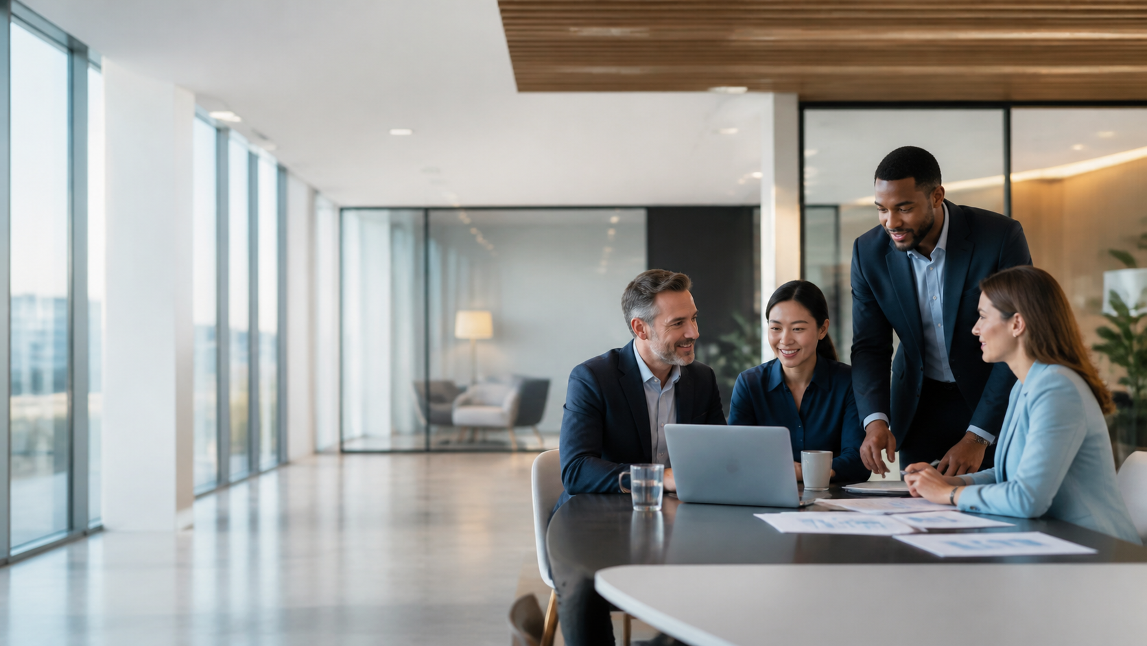 Professionals collaborating in a modern workplace